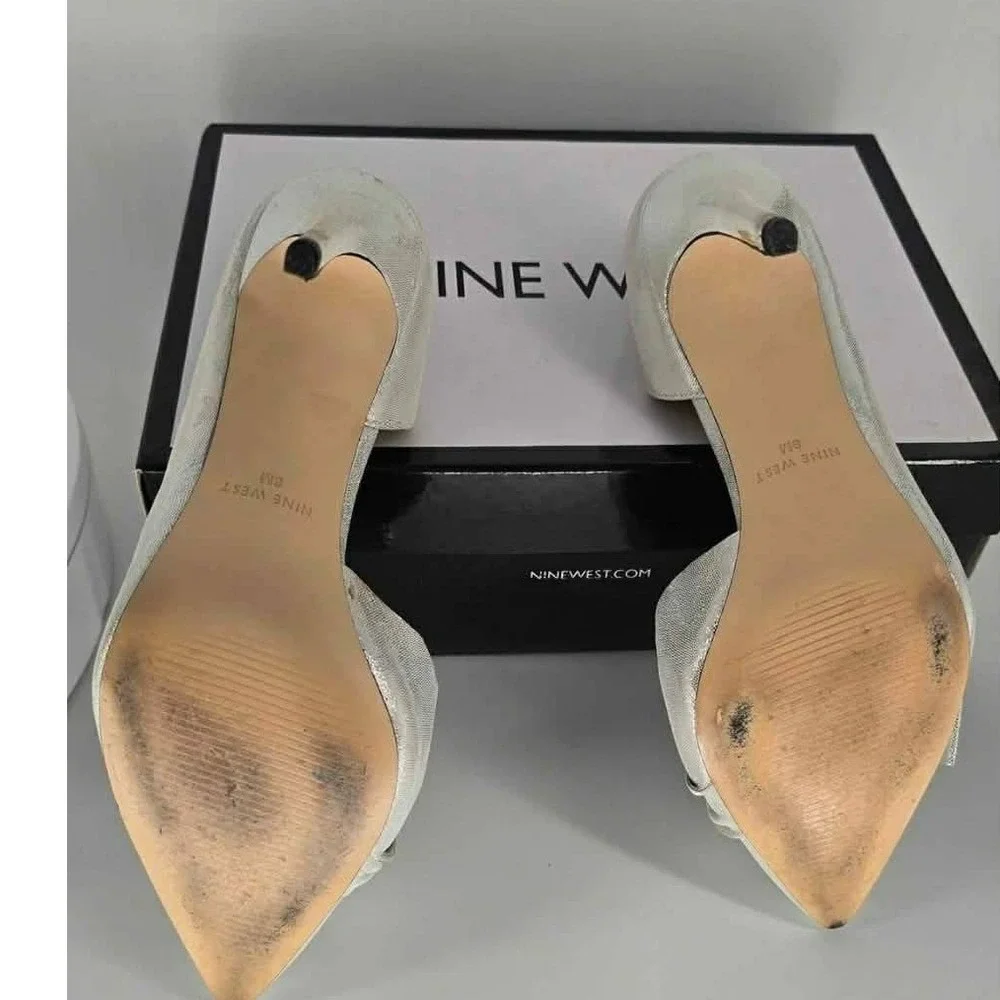 Nine West Edlina Silver Metallic Bow D'Orsay Pointed Toe Stiletto Pumps Heels 8M